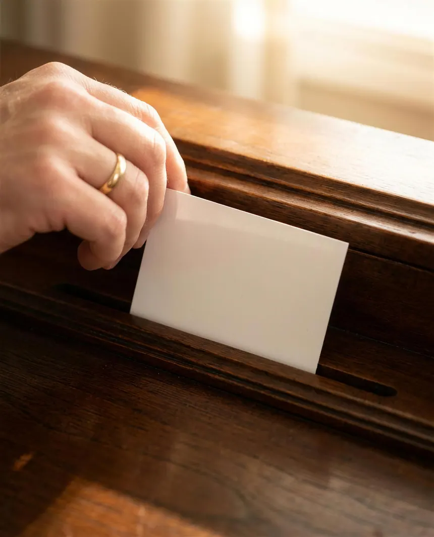 A hand posting a plain white envelope into a narrow slot in a dark wooden desk lid, warm daylight from a window behind.