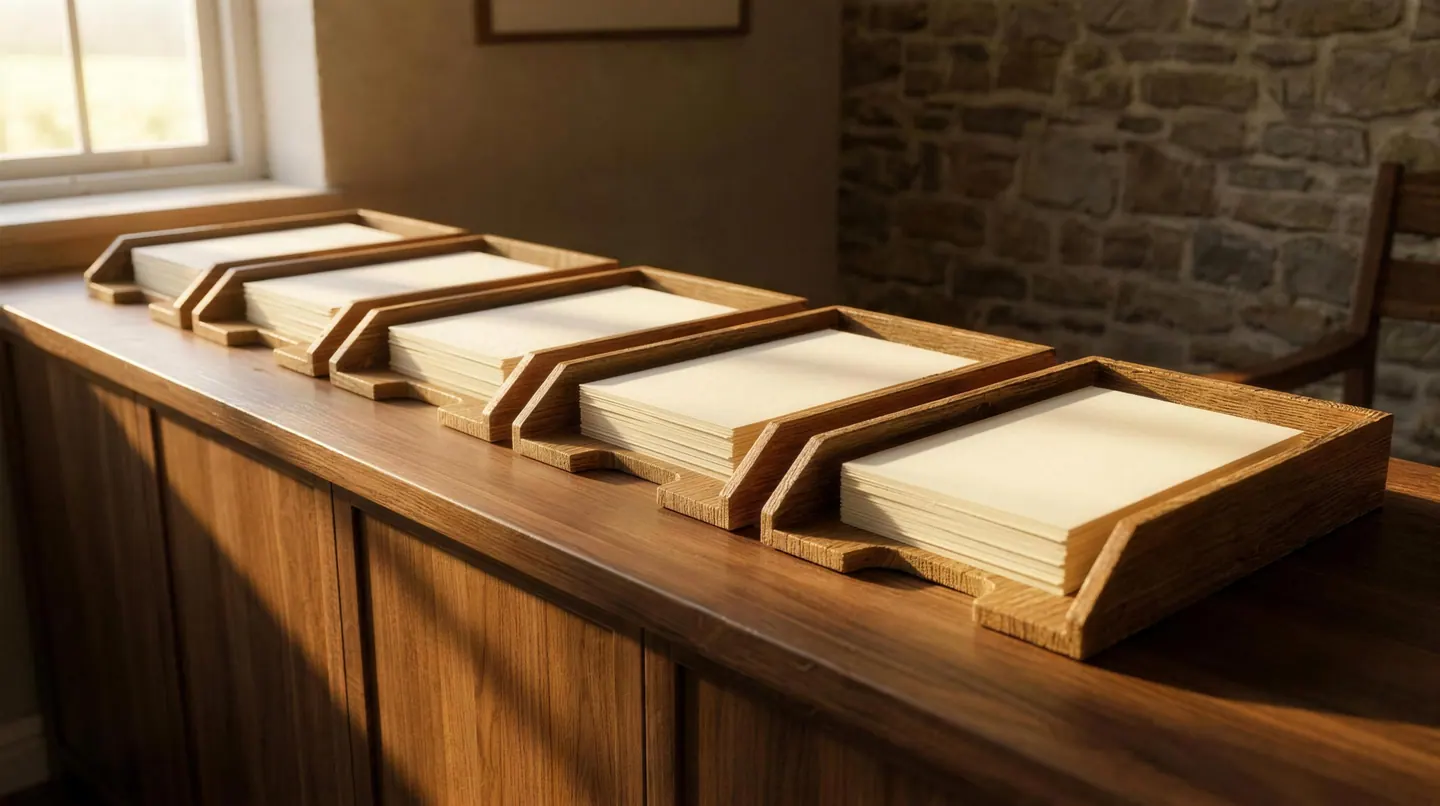 Five shallow oak filing trays in a row along a polished wooden counter, each holding one squared stack of cream paper.